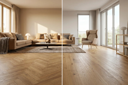 Fischgrätparkett links, Landhausdiele rechts, eleganter Wohnraum im Vergleich