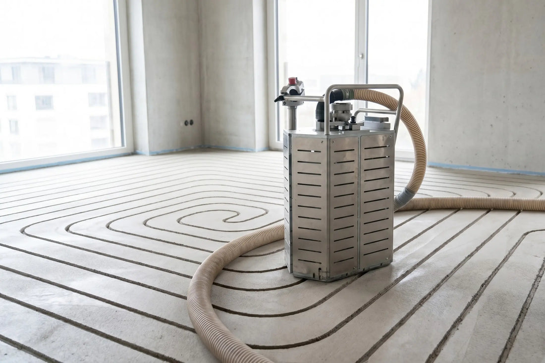 Heizrohre werden in Estrich eingefräst, HEATFlow-System, Baustelle Altbausanierung