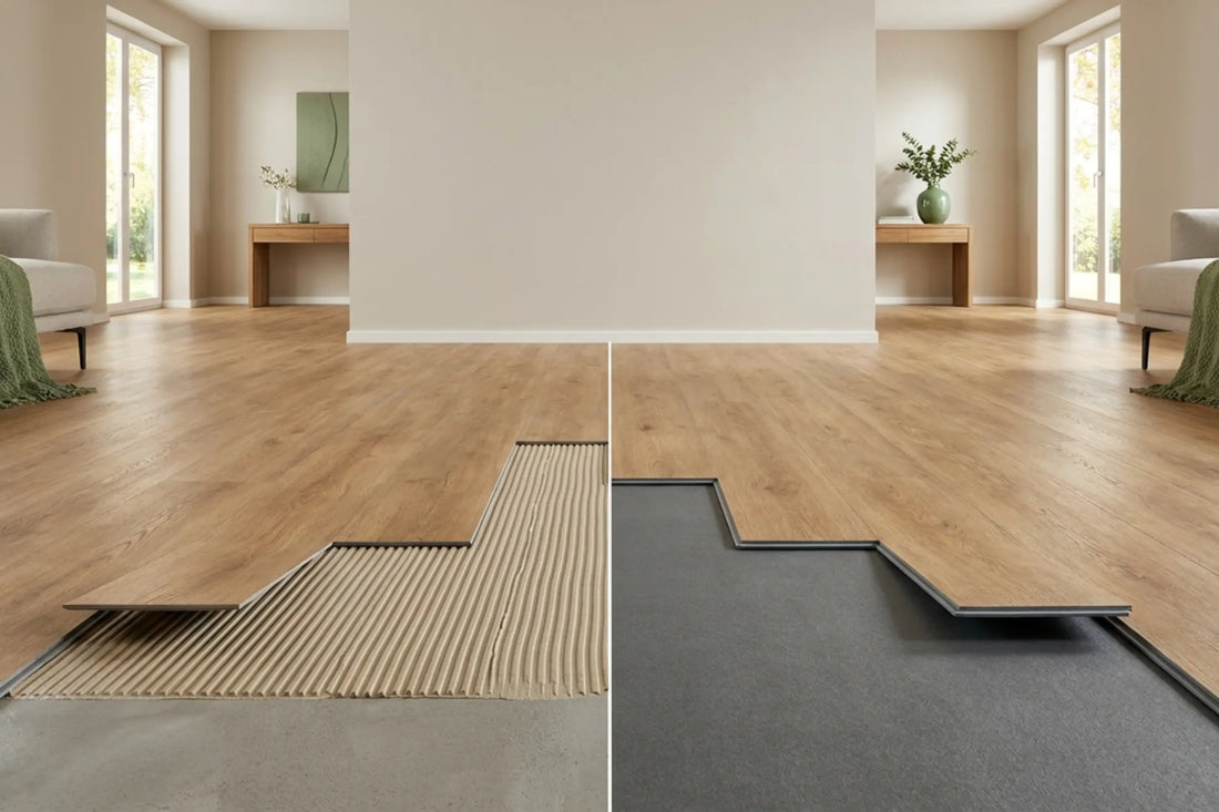Vergleich Klebevinyl und Klickvinyl im Querschnitt, moderner Wohnraum